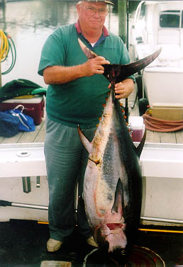 tuna on front of boat